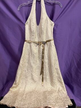 David's Bridal Ivory Brocade Halter A-Line Dress with Satin Belt
